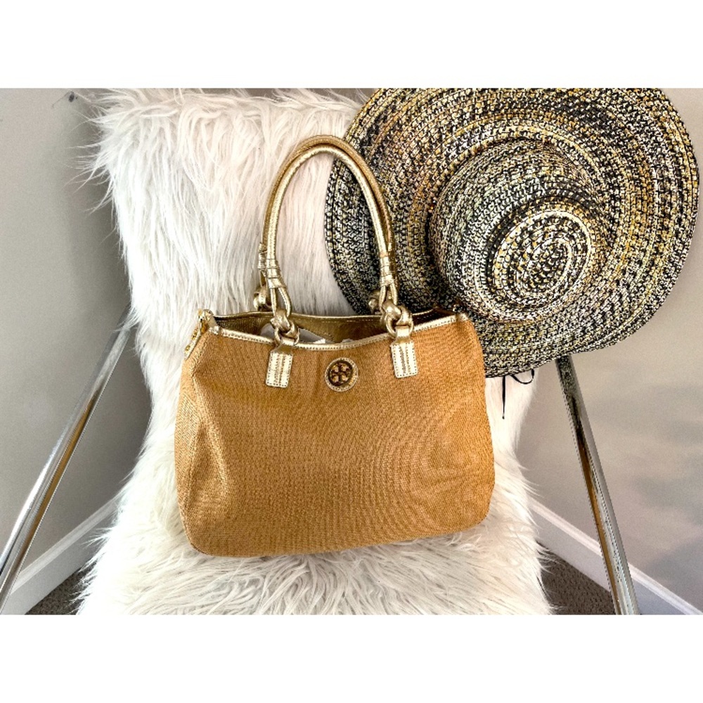 TORY BURCH SHIMMERY GOLD SYNTHETIC STRAW TOTE TAN BEIGE COLOR